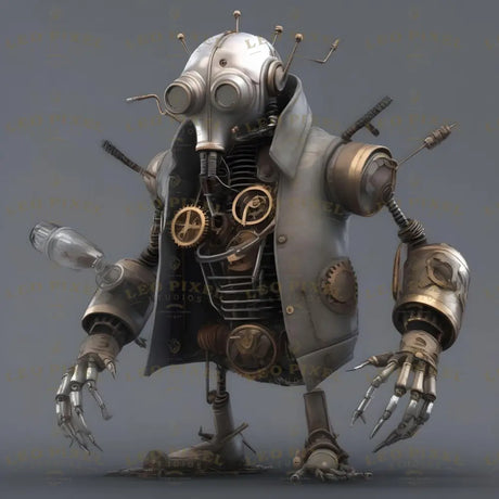 This cyberpunk automaton blends steampunk mechanics with futuristic design. Adorned with exposed gears, pipes, and robotic limbs, its rugged, salvaged appearance hints at a resourceful and adaptive nature. Equipped with multi-tool arms, glowing sensors, and a patched trench coat, it embodies survival and ingenuity in a dystopian world dominated by chaos and innovation. Ai generated image.