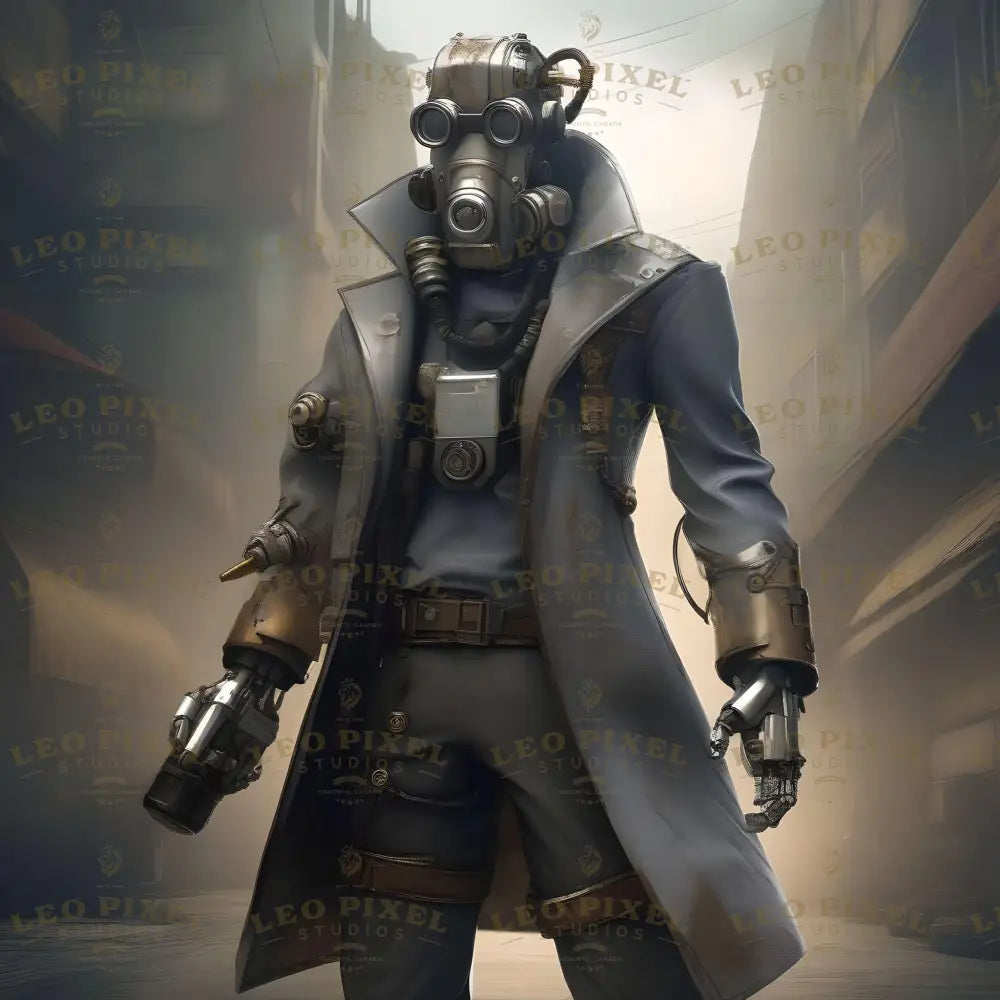 A cyberpunk-styled vigilante strides through a dim, neon-lit dystopian alley. Adorned with a long trench coat, intricate cybernetic enhancements, and a gas mask, this figure epitomizes the gritty fusion of humanity and machine. With augmented arms and a futuristic design, they navigate a world of shadows, embodying resilience, rebellion, and high-tech survival in a cyberpunk reality. Ai generated image.