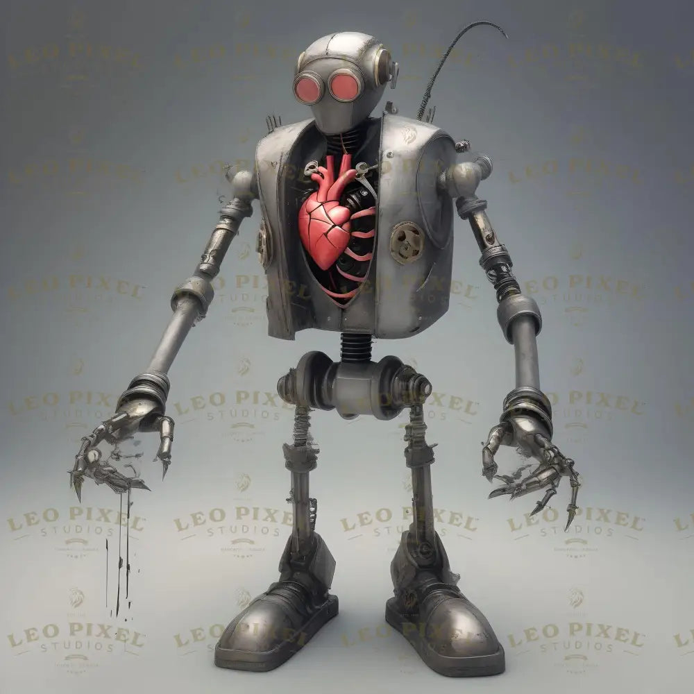 This cyberpunk character features a fusion of humanity and robotics, with a glowing red mechanical heart encased in a metallic torso. Its slender limbs, claw-like hands, and exposed cables emphasize its industrial origins. Designed with red-lens eyes and a rugged frame, it conveys a sense of determination and resilience, embodying the balance of emotion and engineered efficiency. Ai generated image.