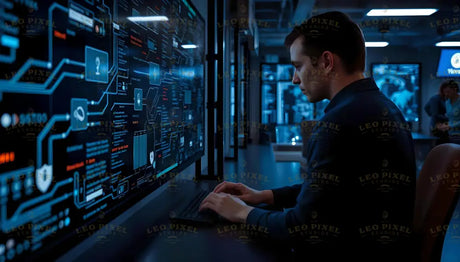 In a dimly lit control room, a focused analyst works at his keyboard, illuminated by the glow of intricate digital displays filled with complex data flows, diagrams, and security protocols. The blue-toned interface highlights critical information, reflecting the high-stakes environment of cybersecurity. In the background, colleagues engage in quiet collaboration. Ai generated. Photography style.