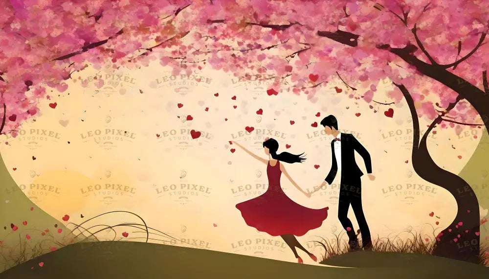 In this whimsical digital art, a couple dances gracefully beneath a canopy of blooming cherry blossoms, their movements framed by a pastel sunset. The woman's flowing red dress contrasts beautifully with the soft pink petals swirling around them. Delicate heart shapes scatter through the air, capturing a sense of romance, joy, and the fleeting beauty of nature. Ai generated. 