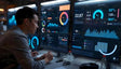 A focused individual sits before multiple large monitors displaying vibrant data visualizations, charts, and metrics. Circular graphs, bar charts, and numerical data dominate the screens, illuminated by a mix of blue and orange hues. The workspace features a clean desk setup with a mouse, controller, bottles, and subtle ambient lighting in the background. Ai generated. Photography style.