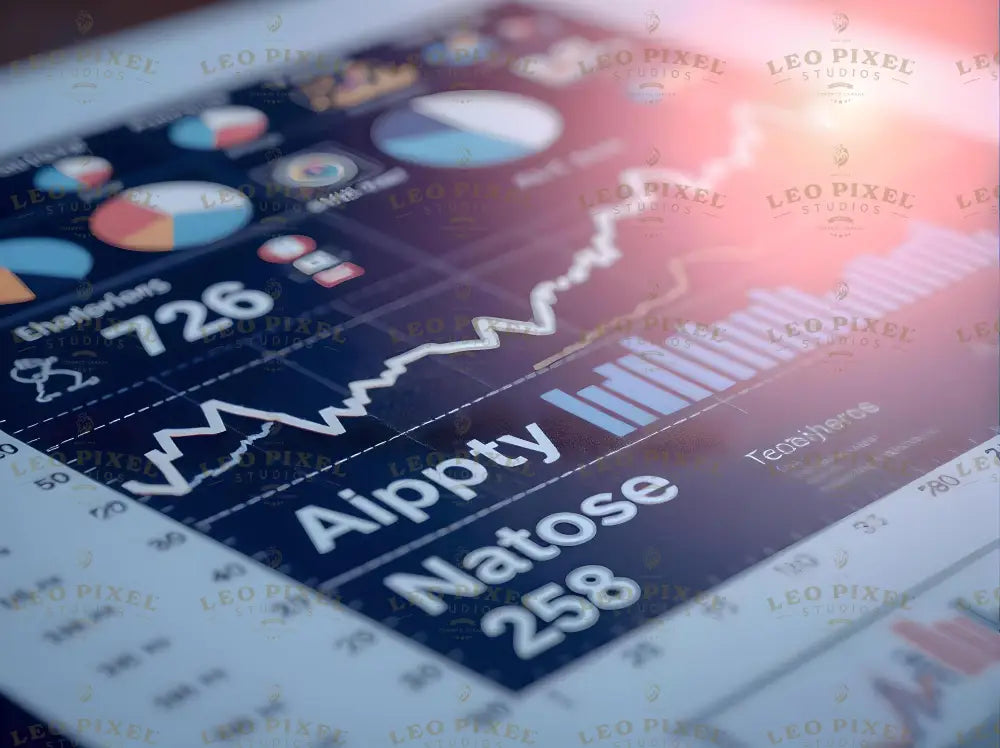 A detailed visualization of analytics on a digital interface, featuring line graphs, bar charts, and pie charts. The image highlights metrics such as comparative statistics, growth trends, and performance analysis. Ideal for illustrating business intelligence tools or data-driven strategies to monitor and optimize operational efficiency. Ai generated image.