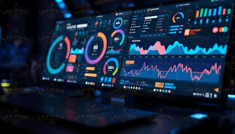 A sleek multi-monitor setup glows with vibrant dashboards showcasing data in real-time. Colorful pie charts, line graphs, and analytics panels dominate the screens, displaying trends and key metrics with precision. The ambient lighting reflects a futuristic workspace, optimized for analysis and decision-making in a tech-driven environment. Ai generated. Photography style.