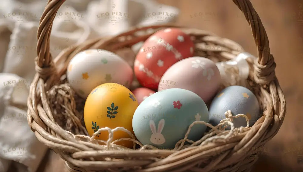 The image shows a wicker basket holding six colorful Easter eggs. Each egg features unique decorations, such as floral patterns, leaves, a bunny face, and small designs in soft colors like yellow, blue, red, and white. The eggs rest on straw-like material, creating a natural look. The blurred background includes neutral tones and soft fabric, adding warmth and charm to the scene. Ai generated. Photography style.