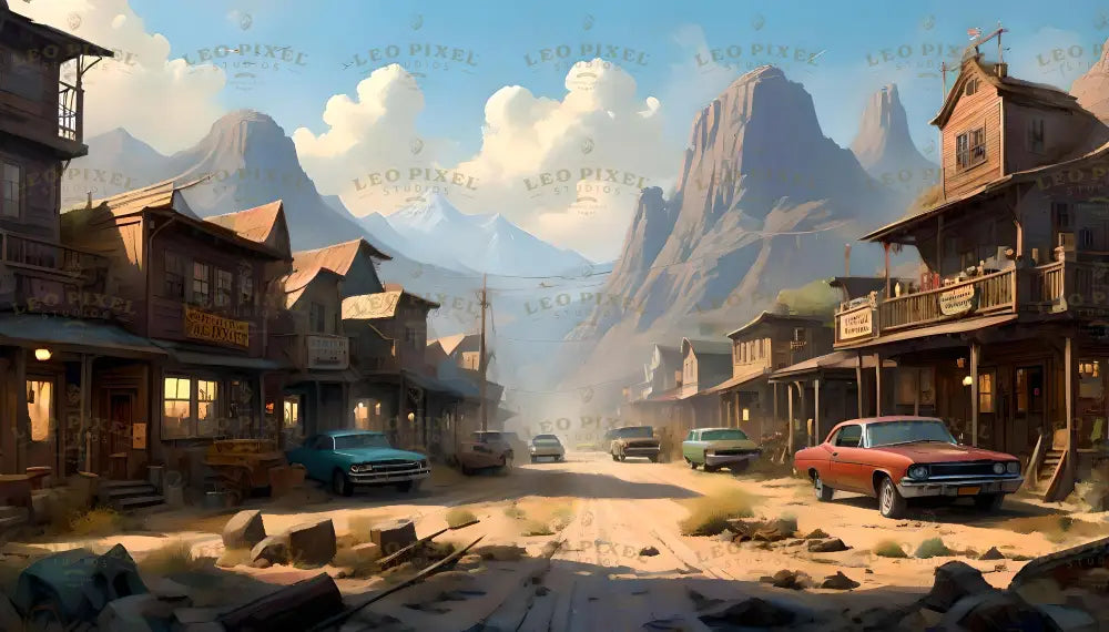 The image portrays an old western-style town with wooden buildings lining a dusty, sunlit street. Vintage cars, parked along the sides, contrast with the rustic architecture. Rugged mountains and blue skies with fluffy clouds provide a dramatic backdrop. The scene is illuminated by warm sunlight, highlighting details like weathered wood and scattered debris on the ground. Ai generated. Digital art style.