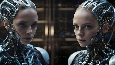 This striking image captures two advanced digital twins in a high-tech laboratory, their reflective metallic structures and intricate neural designs showcasing a blend of human likeness and cutting-edge robotics. The soft lighting highlights their symmetrical features, creating an atmosphere of innovation and futuristic elegance. Ai generated image.