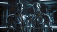 This image features two sleek, chrome-finished digital twins standing in a futuristic lab. Their reflective surfaces seamlessly blend metallic components and humanoid contours. The dimly lit background highlights the intricate cybernetic details, emphasizing their advanced design. The symmetry and sheen evoke cutting-edge technology and the elegance of artificial intelligence. Ai generated image.