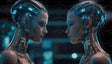 Two advanced digital twins face each other in a futuristic lab, their translucent designs revealing intricate circuitry illuminated in vivid blue and gold tones. The sleek, reflective surfaces of their forms emphasize cutting-edge technology, blending human-like features with artificial precision, set against a backdrop of soft, ambient light and tech-filled panels. Ai generated image.