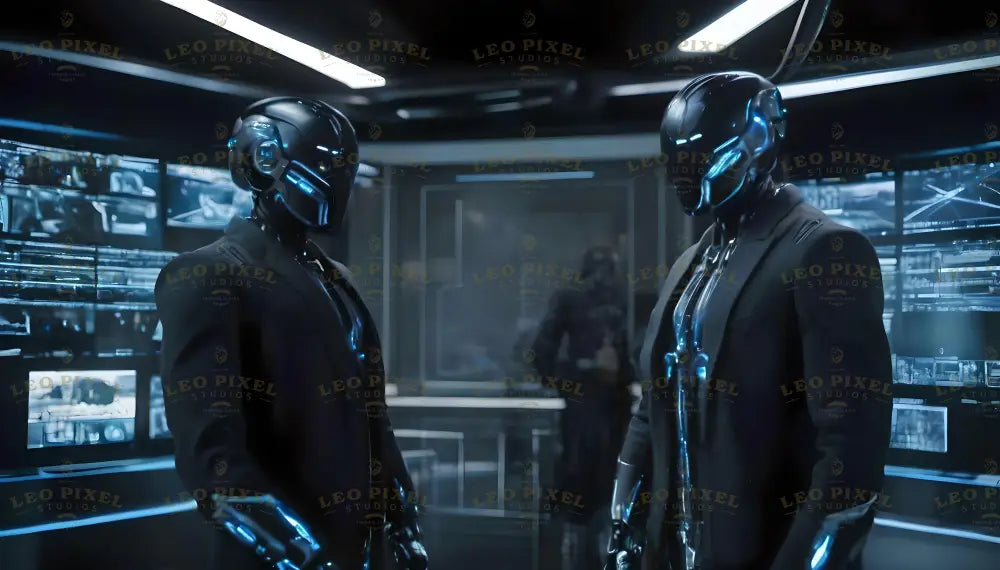 Two digital twins stand in a dimly lit, futuristic control room, clad in sleek black suits. Their helmets gleam with neon-blue accents, seamlessly blending technology with sophistication. Behind them, glowing monitors display intricate data, emphasizing their role as cybernetic sentinels in a high-tech environment. The scene radiates precision and cutting-edge innovation. Ai generated image.