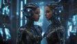 In a futuristic lab, two digital twins stand face-to-face, their sleek, glowing exteriors reflecting advanced engineering. Their translucent helmets reveal intricate circuits while blue neon lights emphasize their high-tech design. The soft, ambient light enhances their lifelike features, showcasing the seamless integration of technology and human-like form. Ai generated image.