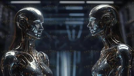 Two digital twins stand face-to-face, their reflective metallic exteriors showcasing intricate inner mechanisms illuminated by subtle lighting. Their symmetrical designs and human-like forms symbolize the pinnacle of futuristic engineering. The dimly lit lab creates a sleek, high-tech atmosphere, emphasizing their precision and advanced design. Ai generated image.