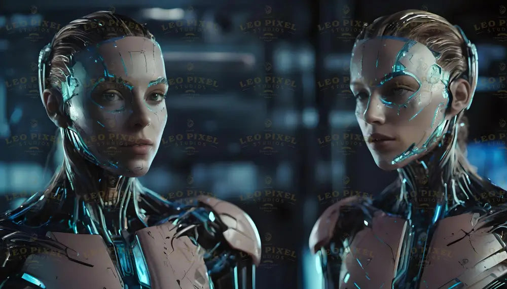 In a cutting-edge lab, two humanoid digital twins with sleek metallic exteriors and glowing blue circuitry stand face-to-face. Their intricate designs blend human-like features with advanced technology, set against a high-tech backdrop of illuminated interfaces and machinery, symbolizing the pinnacle of AI and robotics innovation. Ai generated image.