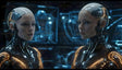 Two intricately designed digital twins stand in a futuristic environment, their polished exteriors gleaming with metallic and neon accents. Their synchronized gaze reflects precision and intelligence, embodying advanced artificial intelligence and robotics. The backdrop features a high-tech interface, emphasizing a world driven by innovation and technology. Ai generated image.