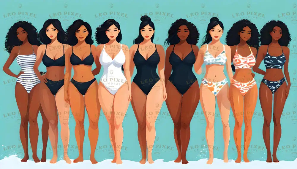 A lineup of women with various body shapes and skin tones stand confidently in swimsuits. The designs range from solid black, white, and striped patterns to vibrant printed styles. The aqua background highlights their unique features and celebrates diversity. They exude confidence and individuality, creating a vibrant and empowering visual. Ai generated. Digital art style.