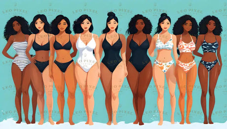 A lineup of women with various body shapes and skin tones stand confidently in swimsuits. The designs range from solid black, white, and striped patterns to vibrant printed styles. The aqua background highlights their unique features and celebrates diversity. They exude confidence and individuality, creating a vibrant and empowering visual. Ai generated. Digital art style.