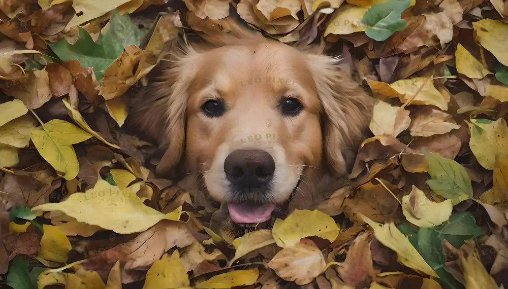 Dog Surrounded By Autumn Leaves Ai Generated Image