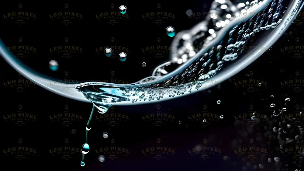 A high-speed macro shot of a water droplet suspended in mid-air as it separates from a thin, curved stream of liquid. Tiny bubbles and reflections shimmer against a deep black background, enhancing the crisp details of the smooth surface. The image captures the clarity and elegance of the water, with a perfect balance of light and shadow emphasizing its fluid movement and structure. Ai generated. Photography style.