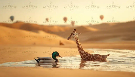 Duck And Giraffe In The Desert Ai Generated Image