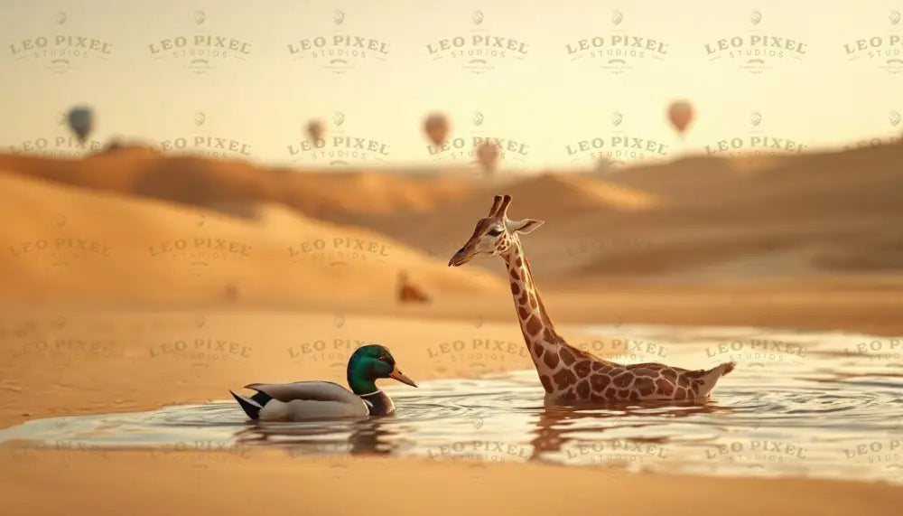 Duck And Giraffe In The Desert Bundle Ai Generated Image