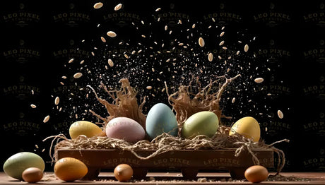 A wooden tray holds pastel-colored eggs in pink, blue, yellow, and green nestled in straw. Above, an energetic explosion of husks, seeds, and straw fragments fills the black background. The scattered particles and vibrant eggs create a striking contrast, while the natural tones of the setup add warmth and texture to the dramatic composition. Ai generated. Photography style.