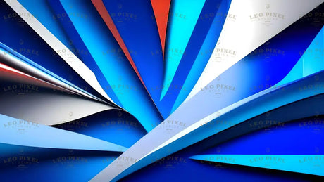 Digital image featuring sharp, overlapping geometric shapes in shades of blue, white, and accents of orange. The angular elements create a sense of depth and movement, with smooth gradients enhancing the contrast between the colors. The composition has a sleek, modern feel, with light reflections adding dimension. The structured arrangement of the forms results in a bold, abstract design. Ai generated. Photography style.