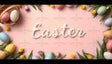 The word "Easter" is elegantly written in soft white texture on a light pink background. Surrounding the text are pastel-colored eggs, yellow chicks, and green leaves. Wicker baskets with eggs and fresh tulips in soft tones of pink and yellow frame the composition. The delicate and cheerful arrangement captures the festive spirit of Easter in a simple yet vibrant way. Ai generated. Flat lay photography style.