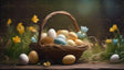 A wicker basket holds speckled pastel-colored eggs in shades of yellow, white, and blue, resting on straw. It is surrounded by a grassy field with vibrant yellow and blue flowers. The softly blurred background in warm tones adds depth and charm, highlighting the earthy texture of the basket and the delicate details of the eggs and flowers. Ai generated. Photography style.