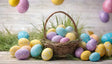 The image shows a wicker basket filled with pastel-colored Easter eggs featuring white polka dots and floral patterns. Surrounding the basket, more eggs rest on a bed of green grass, creating a festive scene. The soft, blurred background adds depth, showcasing suspended eggs in matching colors, enhancing the cheerful and vibrant holiday theme. Ai generated. Photography style.