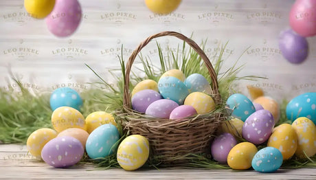 The image shows a wicker basket filled with pastel-colored Easter eggs featuring white polka dots and floral patterns. Surrounding the basket, more eggs rest on a bed of green grass, creating a festive scene. The soft, blurred background adds depth, showcasing suspended eggs in matching colors, enhancing the cheerful and vibrant holiday theme. Ai generated. Photography style.