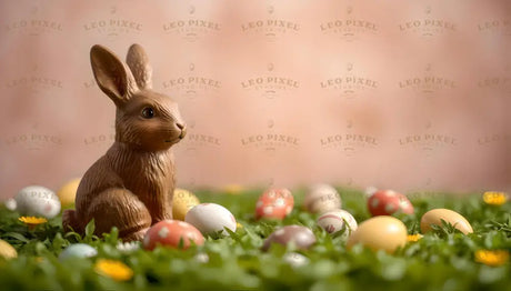 The image features a detailed chocolate bunny placed on a lush green bed of grass adorned with colorful Easter eggs. The eggs, painted in soft pastel shades with polka dots and floral patterns, are scattered among small yellow flowers. The blurred peach-toned background adds warmth and enhances the festive, springtime setting. Ai generated. Photography style.