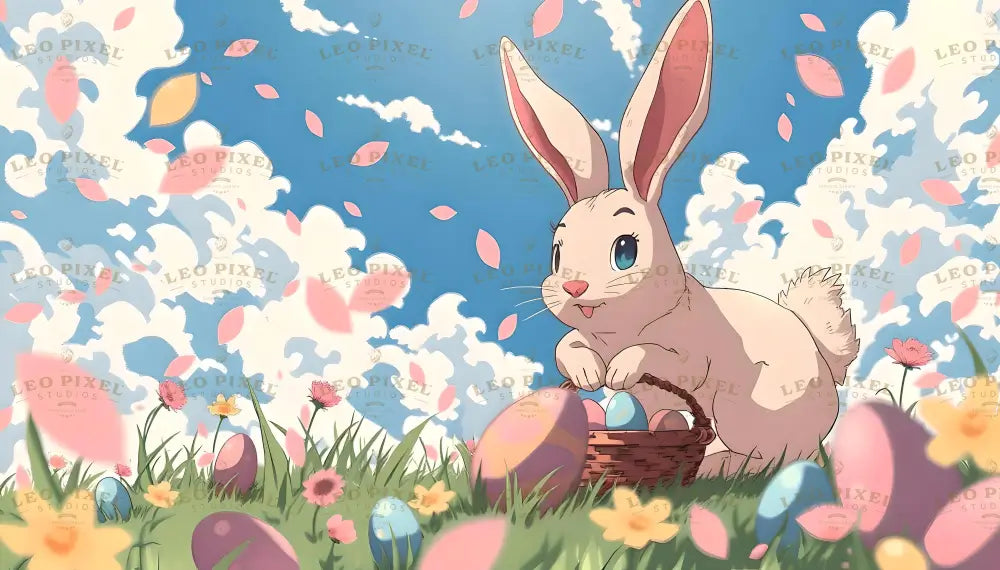 A cheerful anime-style bunny with large ears and bright blue eyes holds a wicker basket filled with pastel Easter eggs. It sits amidst vibrant green grass, surrounded by colorful flowers. Pink petals float through a serene blue sky adorned with fluffy white clouds, creating a lively and whimsical spring scene full of charm and detail. Ai generated. Anime style.