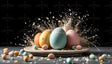 A ceramic plate holds pastel-colored Easter eggs in blue, pink, yellow, and orange, surrounded by smaller candy eggs. A dramatic burst of powdered debris and fragments erupts behind the eggs, contrasting sharply with the black background. The scattered particles and vibrant colors create a dynamic and festive composition, emphasizing energy and celebration. Ai generated. Photography style.