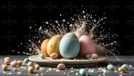 A ceramic plate holds pastel-colored Easter eggs in blue, pink, yellow, and orange, surrounded by smaller candy eggs. A dramatic burst of powdered debris and fragments erupts behind the eggs, contrasting sharply with the black background. The scattered particles and vibrant colors create a dynamic and festive composition, emphasizing energy and celebration. Ai generated. Photography style.