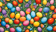 A vibrant assortment of colorful Easter eggs in shades of red, blue, yellow, orange, pink, and purple scattered across a lively green foliage background. Delicate flowers in hues of yellow, purple, pink, and blue complement the eggs, creating a festive and cheerful visual. The glossy textures and floral accents enhance the lively, celebratory atmosphere. Ai generated. Digital art style.