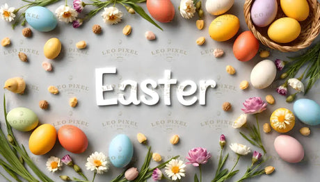 A soft gray background forms the canvas for a delightful Easter arrangement. Brightly colored eggs in pastel hues like blue, pink, yellow, and orange are scattered around, joined by fresh daisies, tulips, and sprigs of greenery. Small, fluffy chicks and a wicker basket add charm, creating a cheerful and festive atmosphere that beautifully celebrates the Easter holiday. Ai generated. Flat lay photography style.