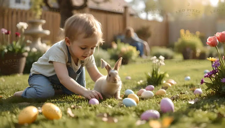 The image shows a young child kneeling on a grassy lawn, gently touching a small white rabbit. The child wears a cream shirt and blue overalls. The lawn is decorated with colorful Easter eggs and flowers, including tulips and daisies. A soft, sunlit background features a wooden fence, potted plants, and a relaxed atmosphere, highlighting a warm and cheerful outdoor setting. Ai generated. Photography style.