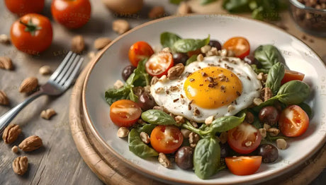 A colorful dish features a sunny-side-up egg with a perfectly golden yolk, lightly seasoned with pepper and crushed nuts. Surrounding the egg are fresh basil leaves, halved cherry tomatoes, dark grapes, and crunchy nuts. The plate is placed on a rustic wooden surface with scattered nuts and vibrant red tomatoes in the background, creating a fresh and inviting presentation. Ai generated. Photography style.