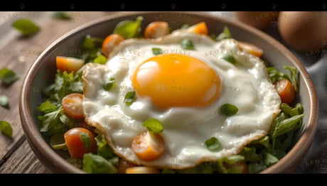 A vibrant dish featuring a sunny-side-up egg with a golden yolk resting on a bed of fresh green leaves and chopped cherry tomatoes. The egg's edges are lightly crisp, while its yolk glows in contrast to the bright greens. Small basil leaves are scattered for garnish. The bowl's earthy tones complement the fresh and colorful ingredients, creating a visually appealing presentation. Ai generated. Photography style.