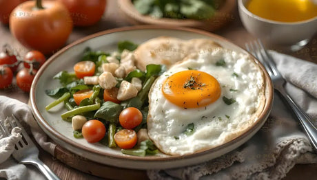 A plate displays a fried egg with a vibrant orange yolk seasoned with herbs, accompanied by a colorful side salad. The salad includes cherry tomatoes, spinach, green beans, and small cheese cubes, arranged neatly. In the background, ripe tomatoes and a bowl of greens add a fresh touch, while a glass of orange juice and silverware complete the clean, inviting scene. Ai generated. Photography style.