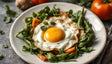 A fried egg with a bright, golden yolk sits on a bed of fresh green spinach and crisp green beans. Surrounding the egg are sliced cherry tomatoes in orange and red hues. The egg is seasoned with specks of black pepper, and a few basil leaves garnish the dish. The plate's white surface enhances the vibrant colors of the fresh vegetables and the sunny egg, creating a clean and fresh presentation. Ai generated. Photography style.