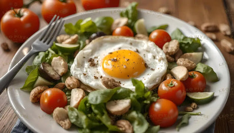 A vibrant plate featuring a sunny-side-up egg with a golden yolk, seasoned with black pepper. Surrounding it are fresh spinach leaves, cherry tomatoes, sliced mushrooms, and scattered nuts. The colors of red, green, and white create a balanced, fresh presentation. A fork rests nearby, with ripe tomatoes and a rustic wooden table in the background. Ai generated. Photography style.