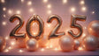 Golden "2025" balloon numbers stand gracefully among soft, shimmering balloons, surrounded by glowing fairy lights against a pastel backdrop. The gentle lighting and minimalistic decor create a sophisticated and serene atmosphere, symbolizing a refined and hopeful beginning to the new year, blending elegance and celebration. Ai generated image.