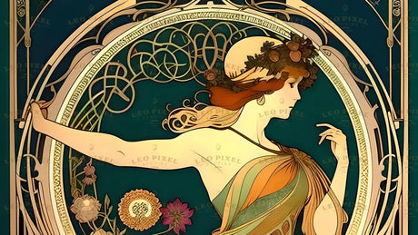 The image showcases an art nouveau illustration of a graceful woman with flowing hair and a serene expression. She is adorned with a floral crown and wears a draped, intricately patterned gown. Surrounding her is an ornate circular frame with delicate swirls and floral motifs in gold and green, creating a harmonious, decorative composition. Ai generated. Art nouveau style.