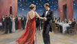 A stunning oil painting style image captures a sophisticated ballroom scene. A woman in a flowing red gown dances gracefully with a man in a black tuxedo, their hands locked in perfect form. Around them, elegantly dressed guests mingle and dine beneath a sky adorned with shimmering stars. The rich brushstrokes bring texture to the dreamy atmosphere, radiating romance and timeless class. Ai generated image.