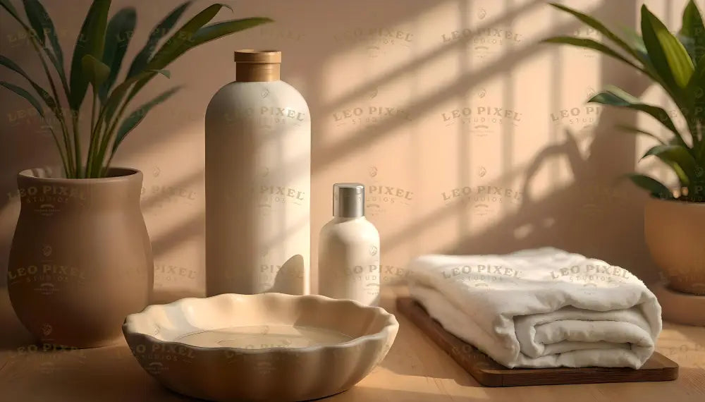 The image shows a simple arrangement of bathroom essentials on a wooden surface. A beige vase holds lush green leaves, next to a fluted cream dish. Two bottles, one tall with a golden cap and one smaller with a silver cap, are positioned nearby. Folded white towels rest neatly on a wooden tray. Soft shadows from windowpanes enhance the earthy tones and minimalist design. Ai generated. Photography style.