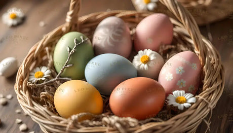 The image shows a wicker basket filled with pastel-colored Easter eggs in soft shades of green, blue, pink, and orange. Some eggs are decorated with delicate floral patterns. The eggs rest on a bed of straw, accented by white daisies with yellow centers and a small branch. The wooden surface and scattered petals in the background add a natural, rustic charm to the composition. Ai generated. Photography style.