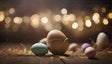 The image showcases a warm, softly lit composition featuring pastel-colored Easter eggs resting on straw. The background glimmers with golden bokeh lights, enhancing the festive atmosphere. The eggs, in shades of blue, pink, yellow, and natural beige, stand out against the rustic texture of the wooden surface and straw bedding. Ai generated. Photography style.