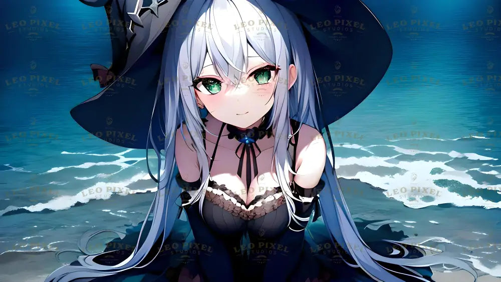 A silver-haired girl with emerald green eyes sits gracefully near the shore, wearing a black outfit with lace details and a matching wide-brimmed hat adorned with star accents. Her pale complexion contrasts with the vibrant blue of the ocean and the soft white waves behind her. The gentle light highlights her serene expression, and the delicate fabric flows naturally with her posture. Ai generated. Anime style.