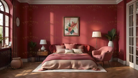 The room features soft red walls adorned with a framed floral painting. A cozy tufted bed, draped in pink and red bedding with matching pillows, dominates the space. A chic armchair and a tall floor lamp sit nearby. Potted plants add a touch of greenery, complementing the natural light streaming through the arched window. A vase and small decor pieces enhance the tranquil, stylish ambiance. Ai generated. Photography style.